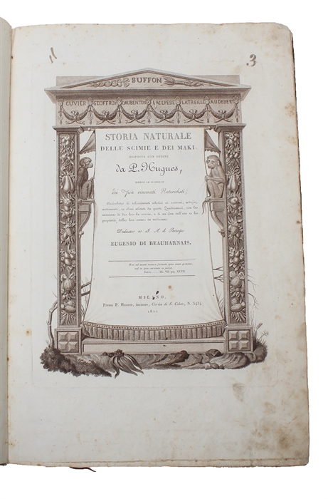 Storia Naturale delle Scimie e dei Maki. Dispositsa con Ordine da P. Hugues, dietro le scoperte dei piu rinomati Naturalisti; Dedicato a S.A. il Principe Eugenio di Reuharnais. (2 Parts).