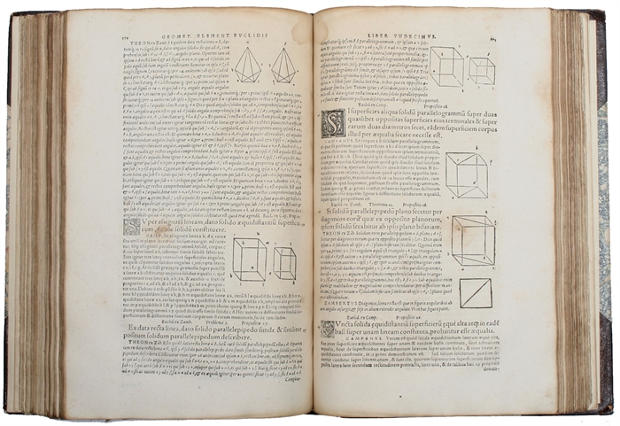 Euclidis Megarensis mathematici clarissimi Elementorum geometricorum libri XV. Cum expositione Theonis in priores XIII à Bartholomæo Zamberto Veneto (= Zamberti) latinitate donata, Campani in omnes, & Hypsiclis Alexandrini in duos postremos. His addiec...