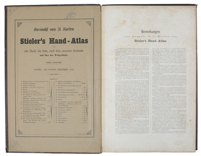 Auswahl von 31 Karten aus Stieler's Hand-Atlas über alle Theile der Erde, nach dem neuesten Zustande, und üiber das Weltgebäude. Schul-Ausgabe.