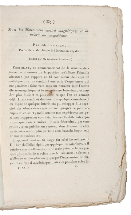 Sur les Mouvemens électro-magnétiques à la théorie du magnétisme. (Traduit par M. Anatole-Riffault). (On some New Electro-Magnetical Motions, and on the Theory of Magnetism).