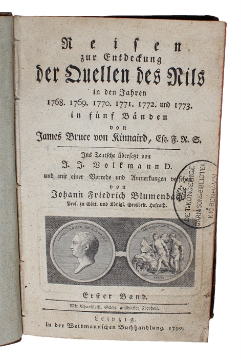 Reisen zur Entdeckung der Quellen des Nils in den Jahren 1768. 1769. 1770. 1771. 1772. und 1773. in fünf Bänden. Ins teutsche übersetzt von J.J. Volkmann und mit einer Vorrede und Anmerkungen versehen von Johann Friedrich Blumenbach. 5 Bde.