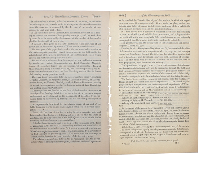 "A Dynamical Theory of the Electromagnetic Field." Received October 27, 1864. (Abstract)