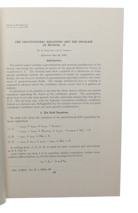 The gravitational Equations and the Problem of Motion. (Part I). (Received June 16, 1937). (+) II. (Received May 29, 1939). 2 Papers (Paper II only Einstein and Infeld).