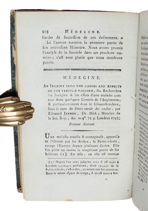 An Inquiry into the Causes and Effects of the Variolae Vaccinae, &c. Recherches sur l'origine & les effets d'une maladie connue dans quelques Comtés de l'Angleterre, & particulierement dans Gloucestershire, sous le nom de Petite vérole des vaches, ...