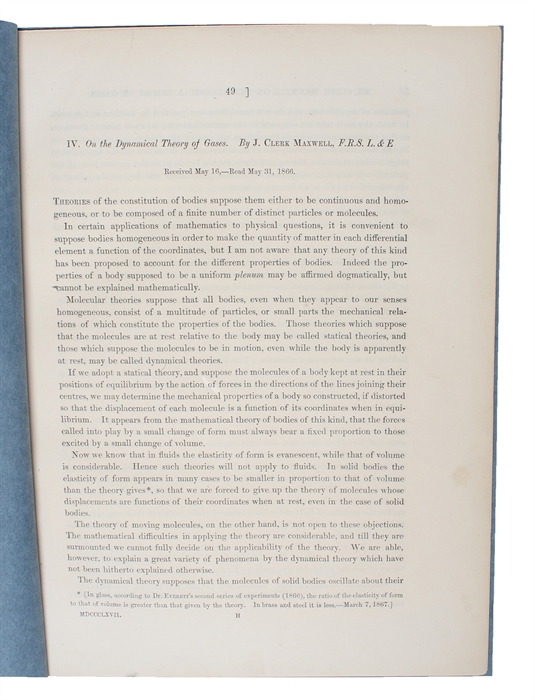 "On the Dynamical Theory of Gases." Received May 16, - Read May 31, 1866.