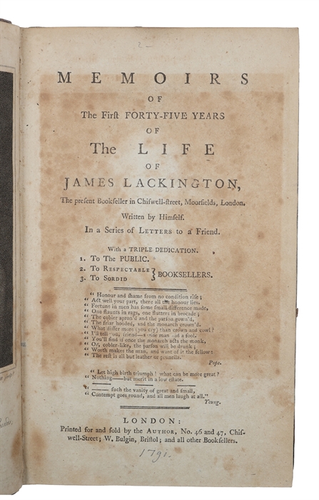 Memoirs of the first Forty-Five Years of the Life of James Lackington.