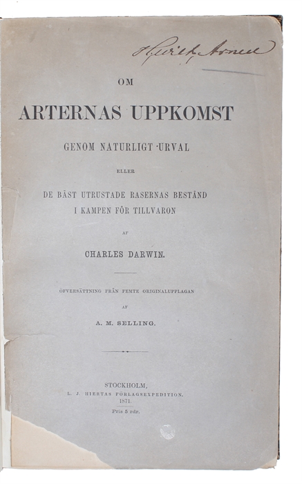 Om Arternes Oprindelse ved Kvalitetsvalg (Danish) + Arternes Oprindelse gjennem naturligt Udvalg (Norwegian) + Om Arternas Uppkomst genom naturligt Urval (Swedish).