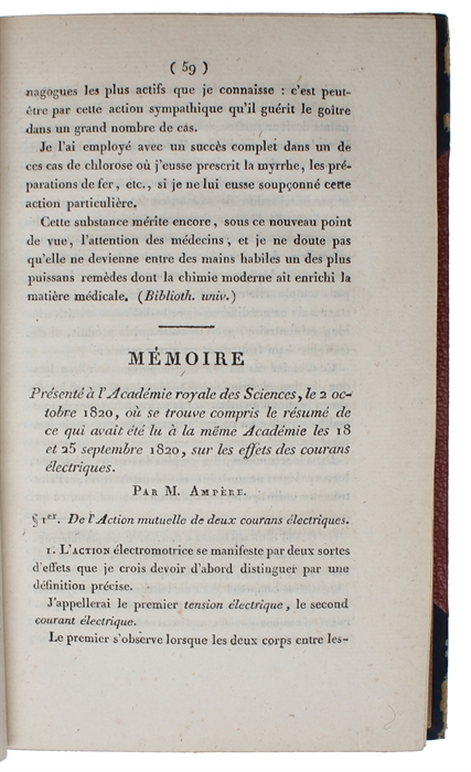 Mémoire présenté á l'Académie Royale des Sciences, le 2 octobre 1820, où se trouve compris le résumé de ce qui avait été lu á la même Académie les 18 et 25 septembre 1820, sur les effets des courans électriques. [AND] Suite du Mémoire sur l'Action m...