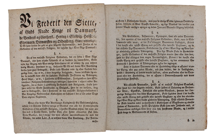 Anordning, som bestemmer, hvad Bekiendere af den mosaiske Religion, der opholde sig i Kongeriget Danmark, have at iagttage. Kiøbenhavn, den 29de Marts 1814. (+) Reglement for det mosaiske Religions Samfund i Kiøbenhavn. Kiøbenhavn, den 29de Marts 1814.