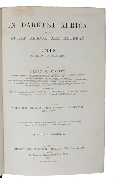 In Darkest Africa or The Quest, Rescue and Retreat of Emin, Governor of Equatoria.