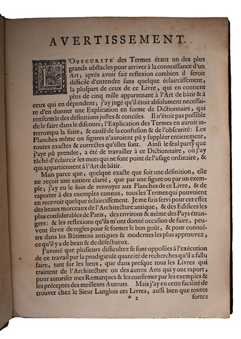 Cours d'architecture qui comprend les ordres de Vignole. Nouvelle & Troisieme Edition. 2 vols. (Title-page on vol. 2: Dictionnaire D'Architecture)