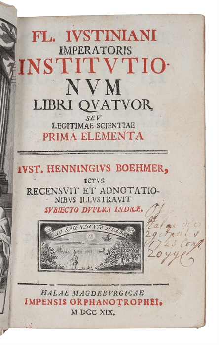 Fl. Iustiniani Imperatoris Institutionum libri quatuor seu legitimae scientiae prima elementa.