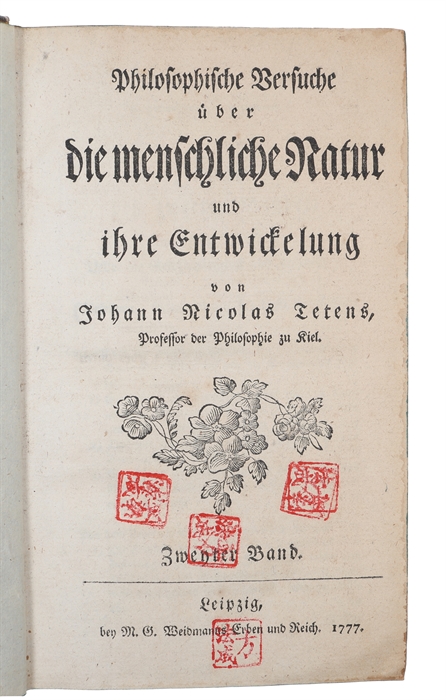 Philosophische Versuche über die menschliche Natur und ihre Entwickelung. 2 vols. (i.e. English: "Philosophical Essays on Human Nature and Its Development").